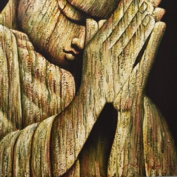 Praying buddhist child oil and stone painting - Picture 2 of 2